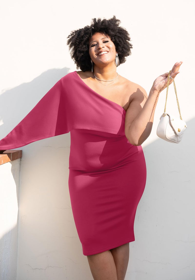 GOBLES Women's Elegant Asymmetrical One Shoulder Cape Bodycon Party Cocktail Midi Dress Rose - Image 2
